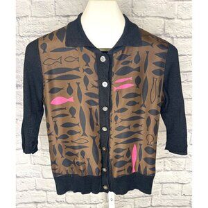 DKNY Silk Panel Blouse Button Down Short Sleeve Funky Fish Print Art Deco SMALL